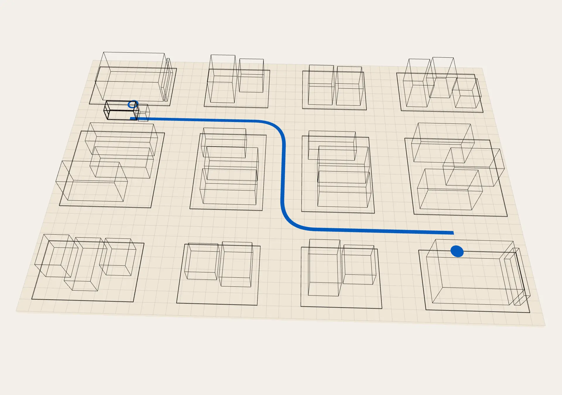 Architekturmodell eines Stadtplans mit der blau eingezeichneten Route eines Lieferwagens